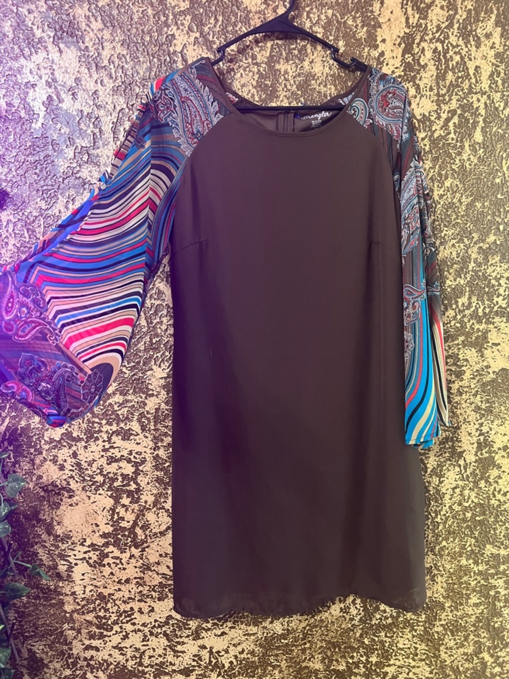 Wrangler Women’s Brown Shift Dress with Multicolor Printed Sleeves